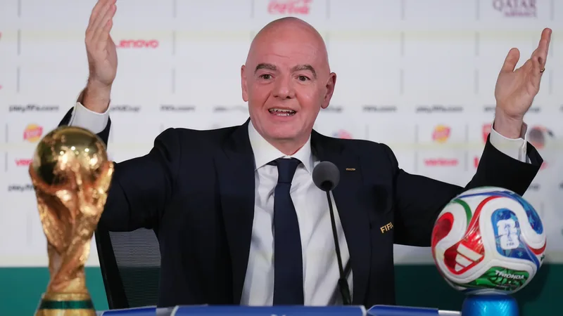 Infantino meidet Pressekonferenzen seit drei Jahren — Football World Gianni Infantino am Rednerpult mit FIFA-Logo im Hintergrund, umgeben von Mikrofonen, aber ohne Journalisten vor sich — latest news and analysis.