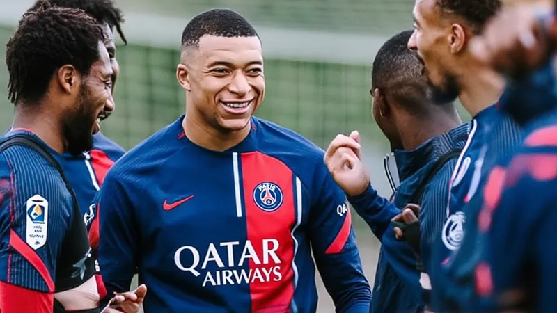 Kylian Mbappé gratuliert PSG-Teamkollegen — Football World Cup News Kylian Mbappé im PSG-Trikot auf dem Trainingsplatz, winkt in die Kamera, im Hintergrund das Trainingsgelände von Paris Saint-Germain.