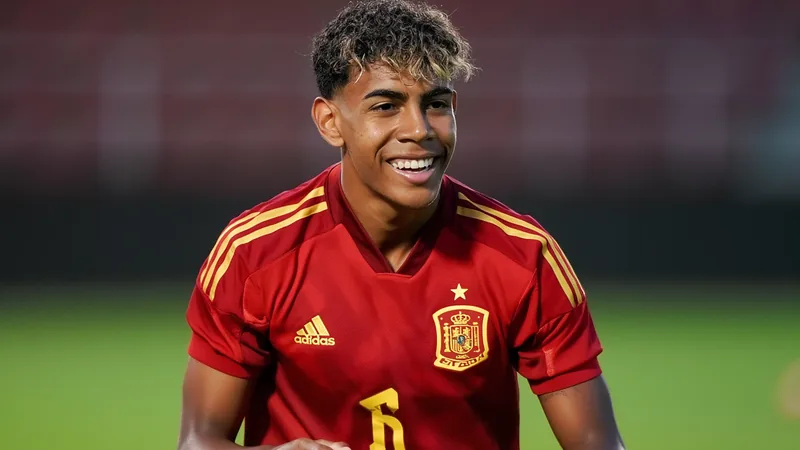 Lamine Yamal im spanischen Nationaltrikot lächelt während des Trainings auf dem Rasen, im Hintergrund das Mannschaftslogo und Stadion.