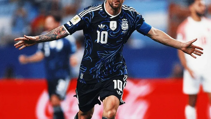 Lionel Messi im argentinischen Trikot jubelt nach einem Tor im WM-Finale 2022 in Katar, im Hintergrund die jubelnden Fans.
