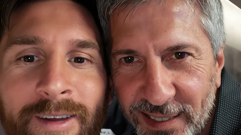 Messi-Familie bittet um Respekt: Jorge Messi gesundheitlich Lionel Messi und sein Vater Jorge Messi bei einer Pressekonferenz, beide im Anzug, ernste Mienen, im Hintergrund Mikrofone und Kameras.