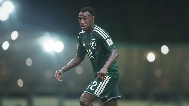Saud Abdulhamid im grünen Trikot Saudi-Arabiens läuft im Miami Stadium beim WM-Spiel gegen Uruguay ein, mit konzentriertem Blick nach vorne.