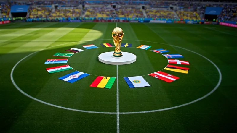 Fußballstadion mit Fans und Flaggen, im Vordergrund ein Mikrofon und Notizblock, symbolisiert Expertenprognosen zur WM 2026.