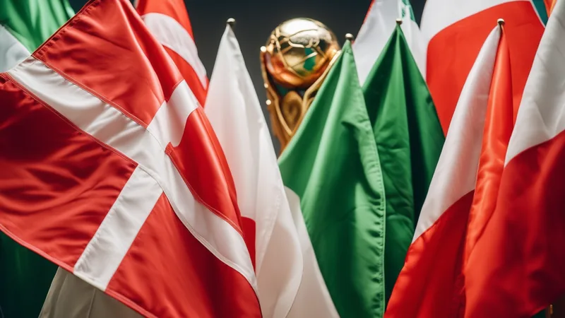 2030 im Visier: Zehn Teams auf dem Weg zur WM-Rückkehr — Football Fußballstadion mit leeren Rängen und einer großen Uhr, die auf 2030 zeigt, im Hintergrund Flaggen von Italien, Nigeria und Chile