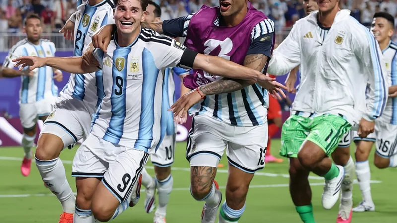 Argentinische Spieler jubeln nach dem Siegtreffer im WM-Viertelfinale gegen die Niederlande im Lusail Iconic Stadium in Katar.