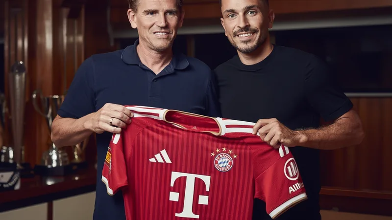 Arijon Ibrahimović im rot-weißen Trikot des FC Bayern München lächelt in der Allianz Arena während eines Bundesliga-Spiels, im Hintergrund jubelnde
