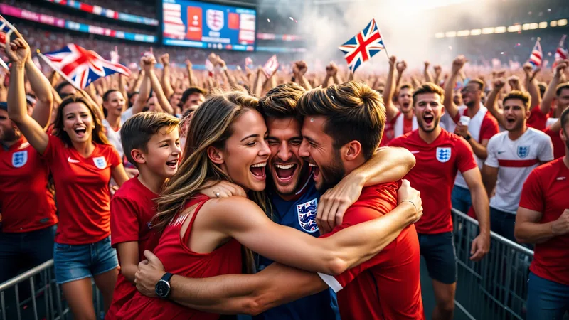 England-Fans feiern Sieg gegen Norwegen — Football World Cup News Jubelnde England-Fans in der offiziellen Fan-Zone im Depot Mayfield in Manchester mit hochgeworfenen Bierbechern und Fahnen