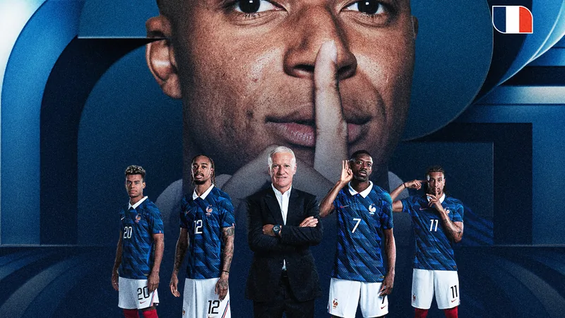 Französische Nationalspieler jubeln nach einem Tor im Viertelfinale der FIFA-Weltmeisterschaft, mit Trikolore im Hintergrund.