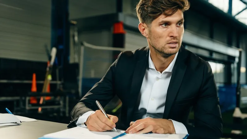John Stones wechselt zu Inter Mailand — Football World Cup News John Stones im Inter-Trikot im Giuseppe-Meazza-Stadion in Mailand, mit dem Vereinswappen auf der Brust und einem Lächeln auf dem Gesicht.