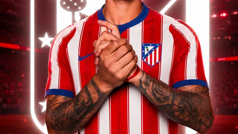 Cristian Romero im Trikot von Tottenham Hotspur, im Hintergrund das Stadion von Atlético Madrid, symbolisch für den Transfer.