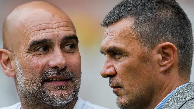 Paolo Maldini in einem Anzug, der in einem Interview über Pep Guardiola spricht, im Hintergrund das Logo des italienischen Fußballverbands.