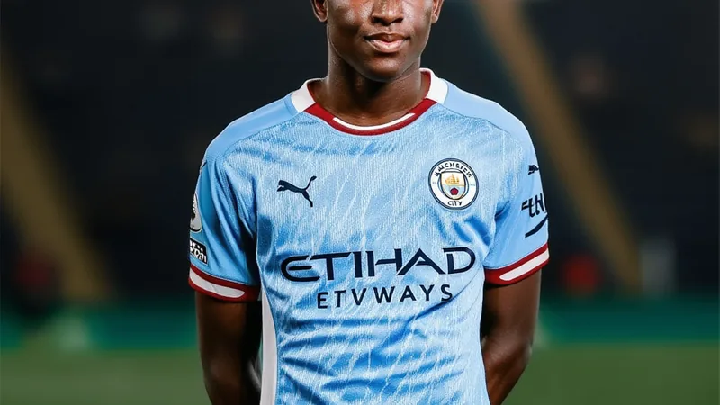 Ein junger Fußballspieler im Trikot von Manchester City läuft mit einem Ball über das Spielfeld der Nachwuchsakademie, im Hintergrund die