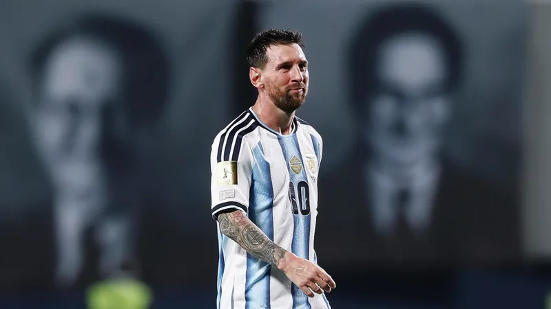 Messis bewegender Abschied von Vater Jorge — Football World Cup News Lionel Messi weint auf dem Spielfeld, während er in die Kamera blickt, im Hintergrund die argentinische Flagge und die Stadionlichter, die die Trauer
