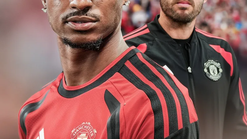 Michael Carrick: Rashford ist unser Spieler — Football World Cup News Michael Carrick und Marcus Rashford lächeln während eines Trainings auf dem Platz von Manchester United, mit dem Vereinswappen im Hintergrund.