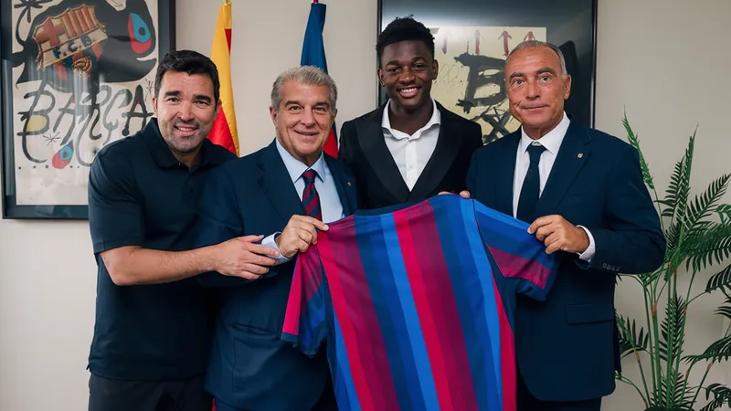 Bisiwu wechselt offiziell von Brügge zu Barça — Football World Cup Jesse Bisiwu im Trikot des FC Barcelona bei seiner offiziellen Vorstellung im Camp Nou, mit Vereinspräsident und Schal in den Vereinsfarben.