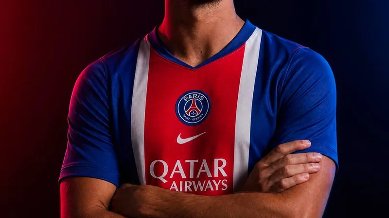 Ferran Torres im Trikot des FC Barcelona während eines Spiels, im Hintergrund das Parc des Princes Stadion in Paris bei Nacht.
