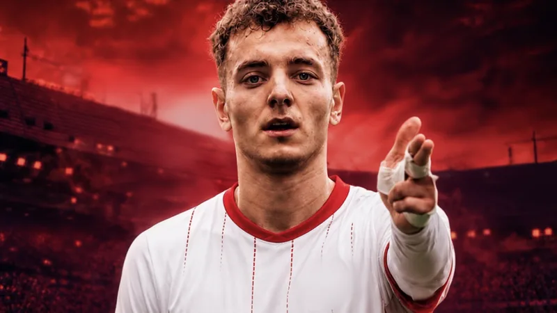 Fisnik Asllani im Trikot seines neuen Vereins RB Leipzig, jubelnd nach einem Tor, im Hintergrund das Stadion in Leipzig.