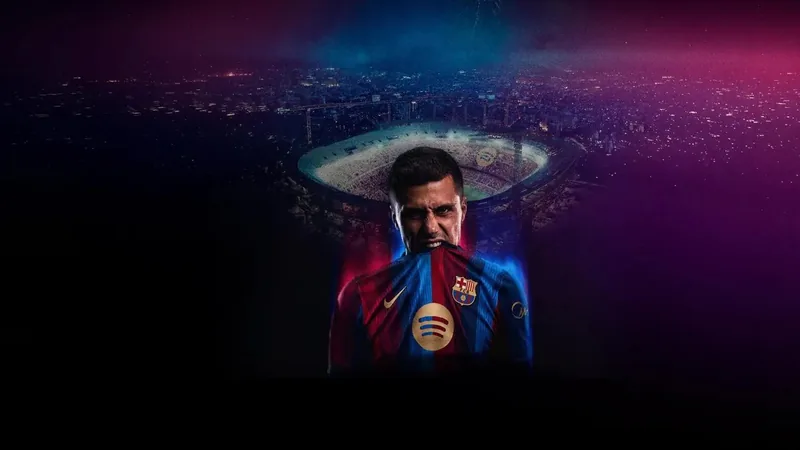 Rodri von Manchester City lächelt auf dem Trainingsplatz, während er einen Fußball am Fuß führt, im Hintergrund das Stadion Etihad Stadium.