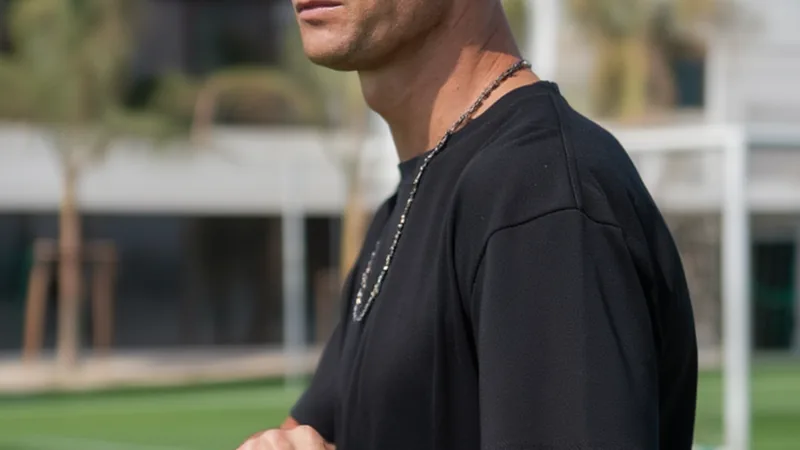 Cristiano Ronaldo im Trikot von Al Nassr lächelt auf dem Trainingsplatz in Riad, im Hintergrund das Stadion und jubelnde Fans.