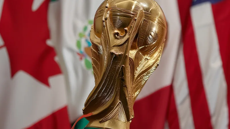 FIFA World Cup trophy with flags of Canada, Mexico, and the United States in the background, symbolizing the first tri-nation hosting.