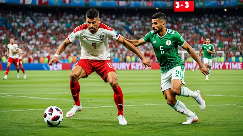 Jugadores de Argelia y Austria disputan el balón en un partido del Mundial, con el marcador 3-3 en el estadio lleno de aficionados.