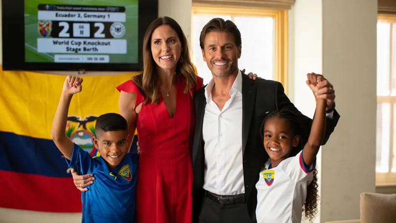 Sebastián Beccacece abrazando a su familia tras la victoria de Ecuador sobre Alemania en el Mundial, con el estadio de fondo y aficionados celebrando.