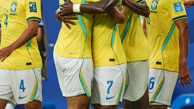 Jugadores de Brasil celebrando una victoria en el campo de fútbol, con la bandera brasileña ondeando al fondo. — latest news and analysis.