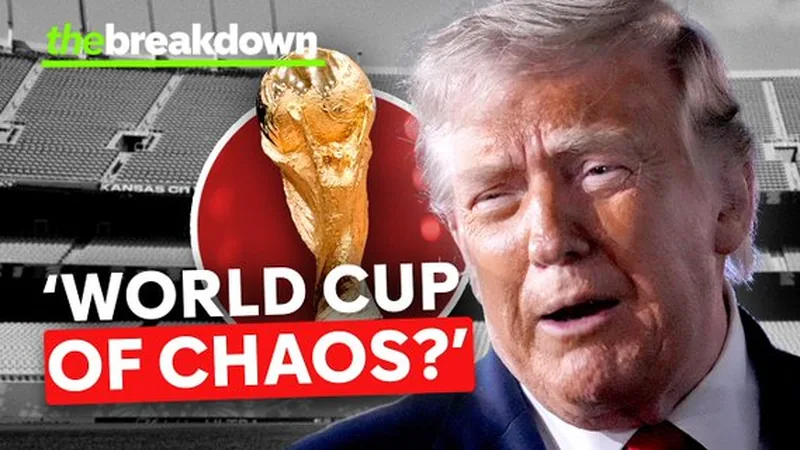 Caos previo al Mundial: Trump, precios y logística — Football World Mapa del mundo con banderas de países afectados por restricciones de viaje y un boleto de entrada al Mundial con precio elevado, sobre un fondo de