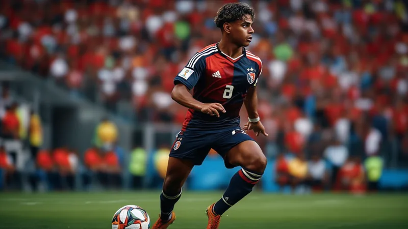 Lamine Yamal: el prodigio de 18 años que desafía la norma en el Lamine Yamal, joven futbolista español de 18 años, celebrando un gol con la camiseta de la selección española en un estadio lleno de banderas