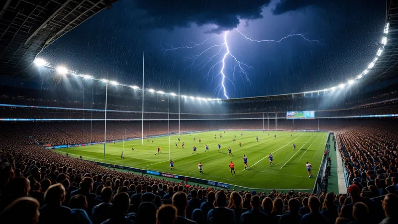 Estadio de fútbol con cielo oscuro y relámpagos en el horizonte durante un partido entre Brasil y Escocia — latest news and analysis.