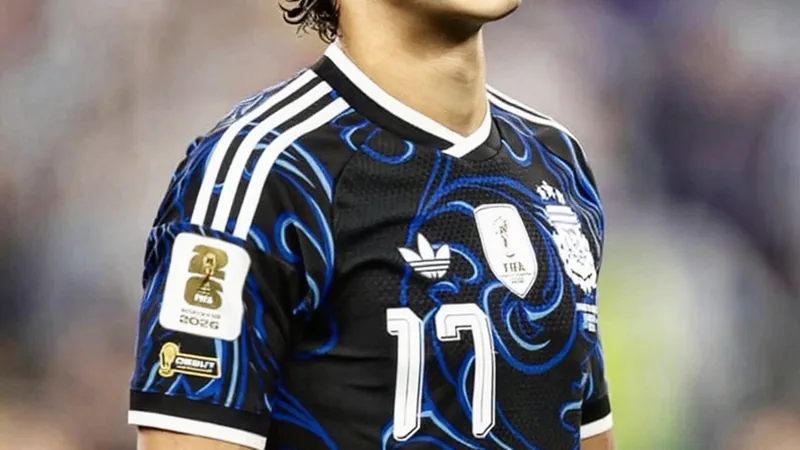 Giuliano Simeone celebrando con la camiseta de Argentina durante un partido del Mundial de Qatar 2022, con el estadio de fondo iluminado.