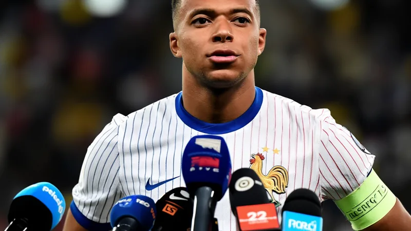 Mbappé: "Debo mejorar defensivamente para ganar el Mundial" Kylian Mbappé con la camiseta de Francia, concentrado durante un entrenamiento, con el balón en los pies y el estadio de fondo.