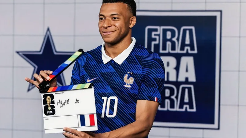 Mbappé: "No jugaré hasta los 40" — Football World Cup News Kylian Mbappé sonriendo durante una entrevista, con el logo del Real Madrid al fondo y una pelota de fútbol en primer plano