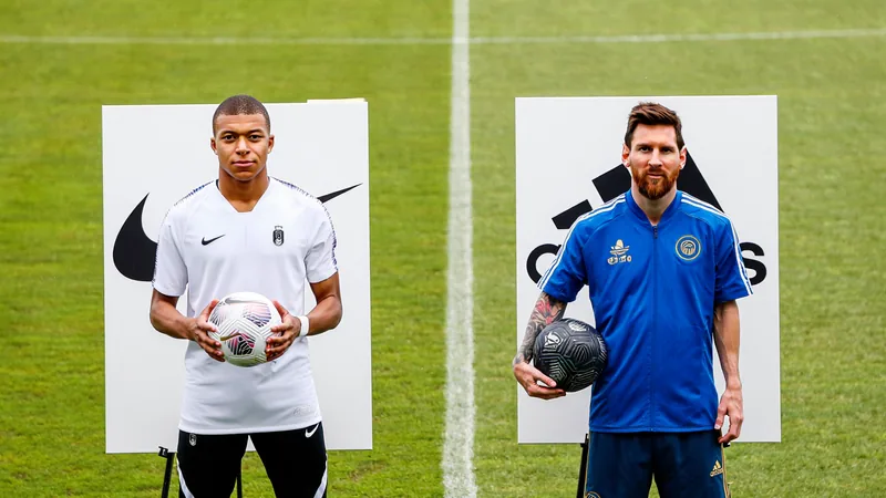 Nike vs Adidas: la batalla de marcas en el Mundial — Football World Un anuncio del Mundial con jugadores como Mbappé y Messi, con logos de Nike y Adidas, en un estadio lleno de aficionados.