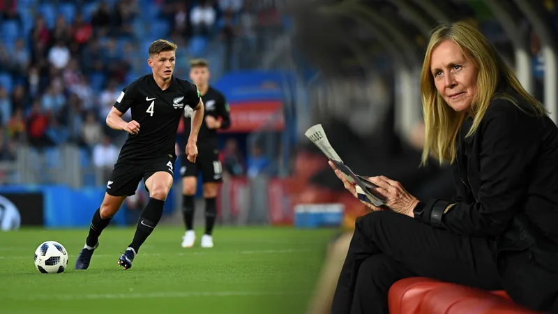 Tyler Bindon, defensor de Nueva Zelanda, abraza a su madre Jenny Bindon, ex portera de los Football Ferns, en el estadio tras el partido contra Irán.