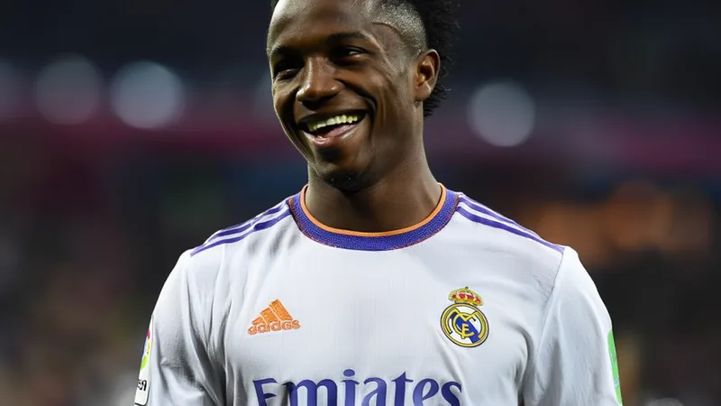 Vini Jr: “Jugar bajo Ancelotti me da la mayor tranquilidad” Vinicius Jr. celebrando un gol con la camiseta del Real Madrid, con Carlo Ancelotti sonriendo al fondo en el banquillo del Santiago Bernabéu.