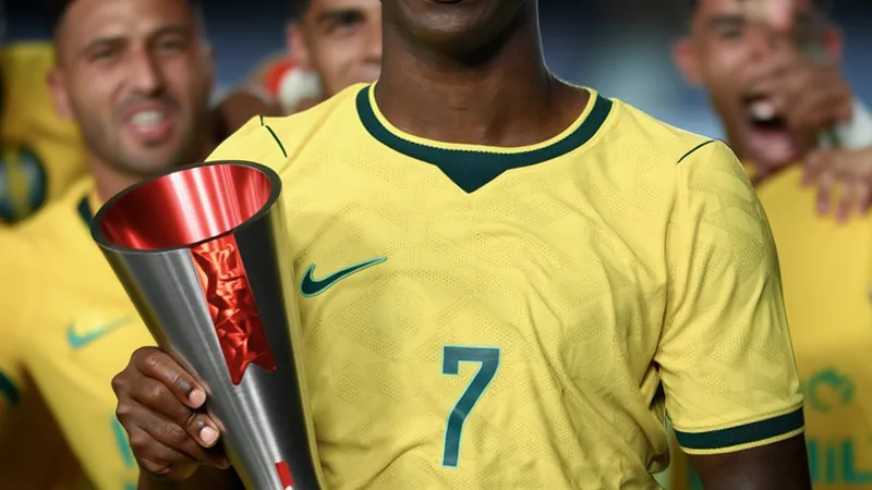 Vinícius Júnior celebrando con el trofeo FIFA Man of the Match en un estadio lleno de aficionados brasileños. — latest news and analysis.