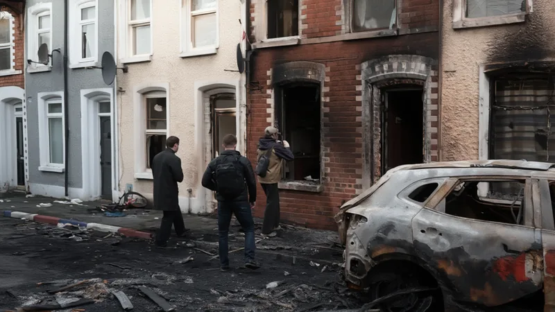 Violencia en Belfast deja viviendas quemadas y familias desplazadas Una calle residencial en Belfast con varias casas en llamas y humo negro, mientras bomberos y policías trabajan en la escena