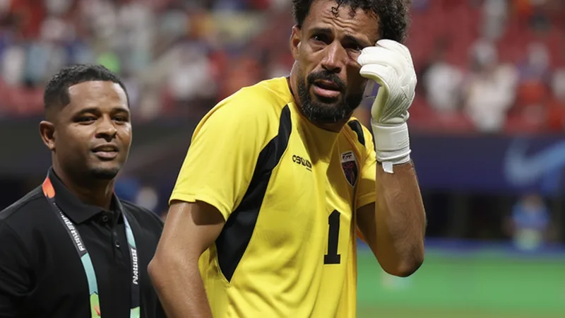 El portero Vozinha de Cabo Verde llorando abrazado a sus compañeros tras el partido contra España, con el estadio de fondo y banderas caboverdianas