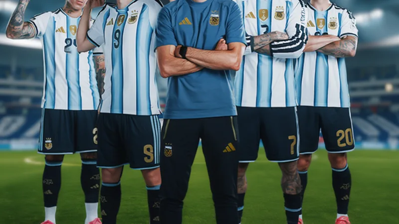 Jugadores argentinos celebrando en el campo de juego con la bandera argentina de fondo y el estadio lleno de aficionados