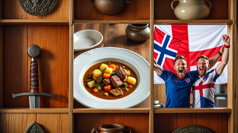 De vikingos a 'scousers': el vínculo perdurable entre Liverpool y Aficionados noruegos con banderas rojas y blancas celebrando en un estadio de fútbol en Oslo, con el escudo de Noruega visible.