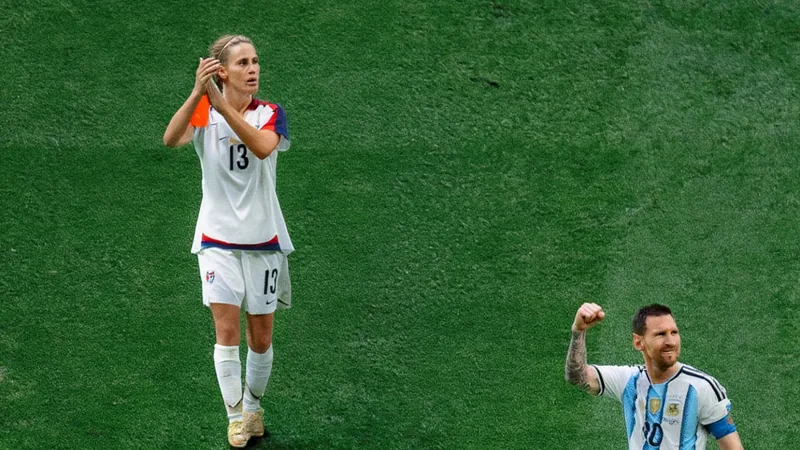 Kristine Lilly celebrando un gol con la camiseta de Estados Unidos y Lionel Messi levantando la Copa del Mundo, ambos en un collage.