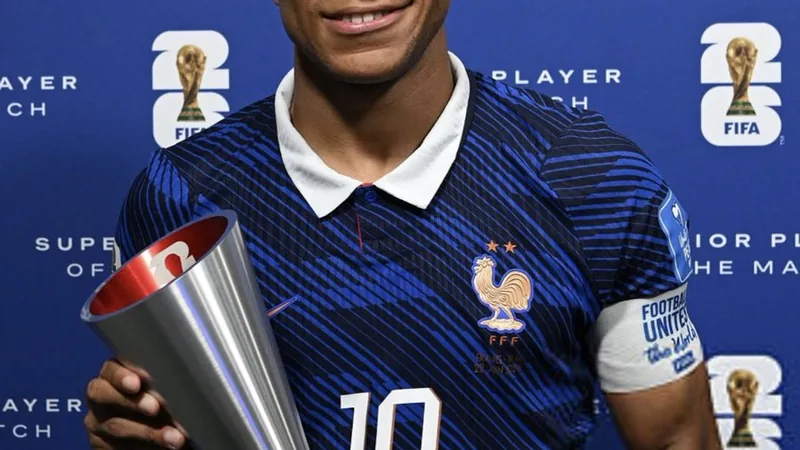 Kylian Mbappé celebrando con el trofeo al Mejor Jugador del Partido de la FIFA en el campo de juego, con el estadio de fondo y aficionados vitoreando.