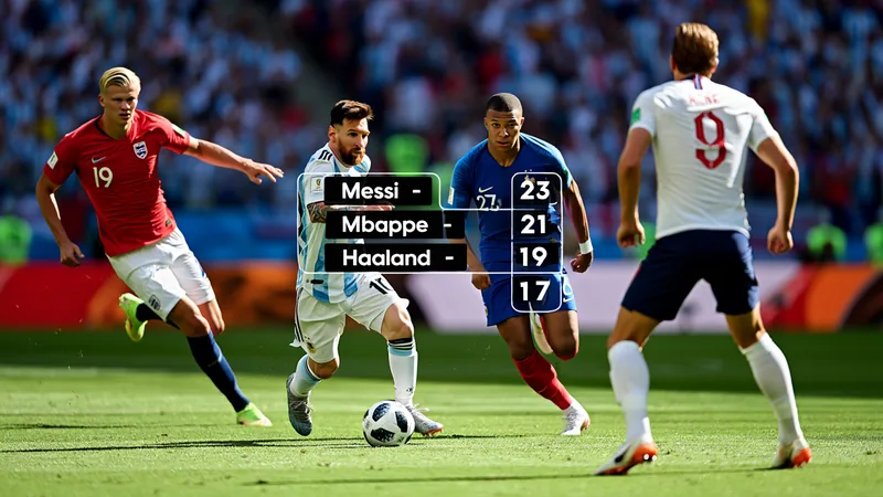 Carrera por la Bota de Oro 2026: Mbappé, Haaland, Messi y Kane Cuatro delanteros de élite: Kylian Mbappé, Erling Haaland, Lionel Messi y Harry Kane celebrando goles en un estadio mundialista.