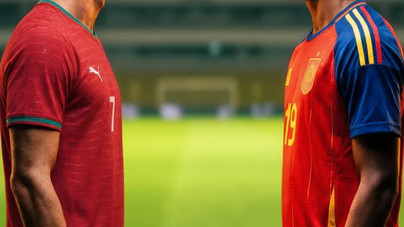 Jugadores de España y Portugal disputando el balón en un partido de fútbol del Mundial, con banderas de ambos países de fondo y estadio lleno de