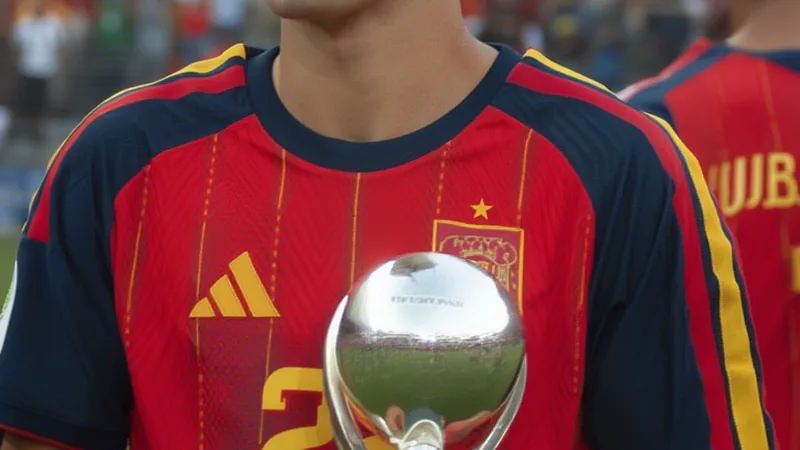 Pau Cubarsí recibe el Premio FIFA al Mejor Jugador Joven — Football Pau Cubarsí sosteniendo el trofeo del Premio FIFA al Mejor Jugador Joven en el escenario de la ceremonia de clausura del Mundial.