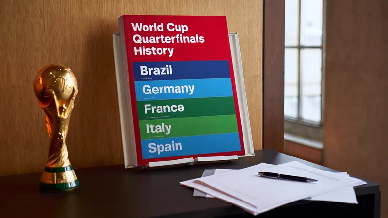 Quiz del Mundial: selecciones con más cuartos de final — Football Un mapa mundial con banderas de selecciones que han llegado a cuartos de final de la Copa del Mundo, con Brasil, Alemania e Italia destacadas