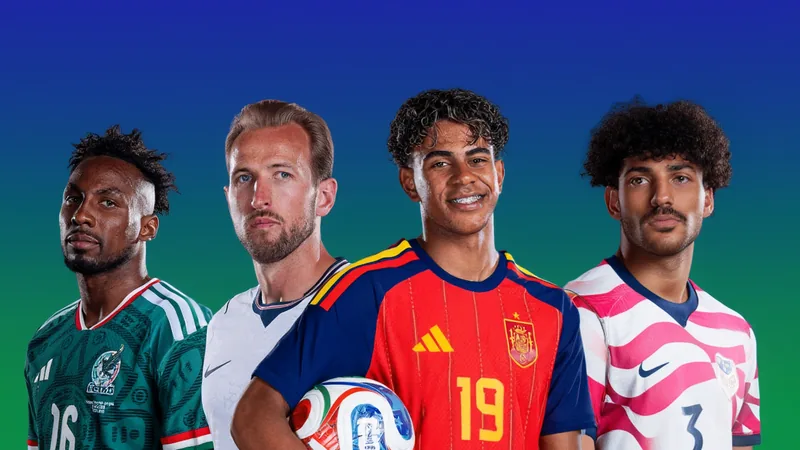 Jugadores de fútbol celebrando en el campo del Mundial 2026 con el marcador de fondo y banderas de Inglaterra, España y México.