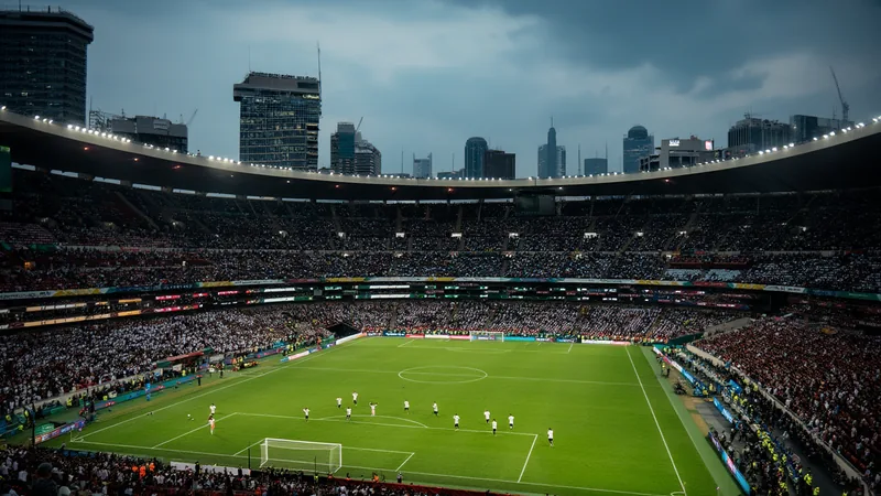 Inglaterra vs México: duelo anormal en el Estadio Azteca — Football Estadio Azteca lleno de aficionados mexicanos ondeando banderas verdes, blancas y rojas, con el campo de fútbol iluminado bajo el cielo nocturno de
