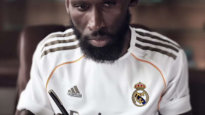 Antonio Rüdiger signe jusqu'en 2027 avec le Real Madrid — Football Antonio Rüdiger souriant en tenue du Real Madrid, posant avec un maillot floqué à son nom devant le logo du club au stade Santiago Bernabéu.